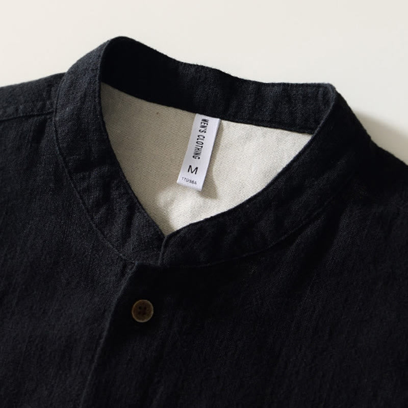 Buddha Stones Fall Solid Long Sleeve Buttons Men's Ramie Cotton Shirt With Pockets
