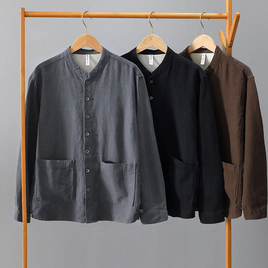 Buddha Stones Fall Solid Long Sleeve Buttons Men's Ramie Cotton Shirt With Pockets