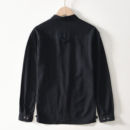 Buddha Stones Fall Solid Long Sleeve Buttons Men's Ramie Cotton Shirt With Pockets