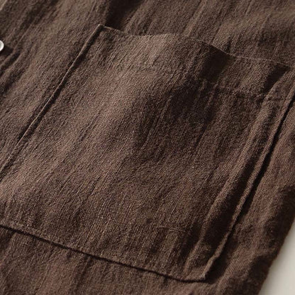 Buddha Stones Fall Solid Long Sleeve Buttons Men's Ramie Cotton Shirt With Pockets