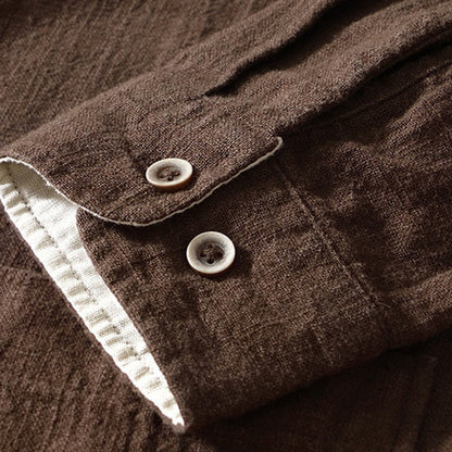 Buddha Stones Fall Solid Long Sleeve Buttons Men's Ramie Cotton Shirt With Pockets