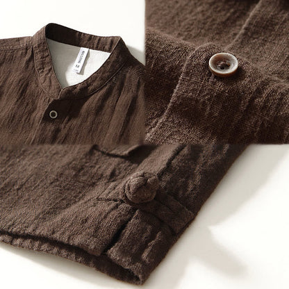 Buddha Stones Fall Solid Long Sleeve Buttons Men's Ramie Cotton Shirt With Pockets