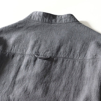 Buddha Stones Fall Solid Long Sleeve Buttons Men's Ramie Cotton Shirt With Pockets