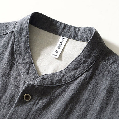 Buddha Stones Fall Solid Long Sleeve Buttons Men's Ramie Cotton Shirt With Pockets