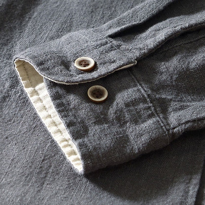 Buddha Stones Fall Solid Long Sleeve Buttons Men's Ramie Cotton Shirt With Pockets