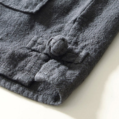 Buddha Stones Fall Solid Long Sleeve Buttons Men's Ramie Cotton Shirt With Pockets