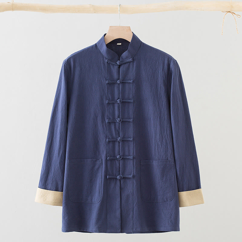 Buddha Stones Solid Long Sleeve Frog-Button Design Cotton Men's Shirt