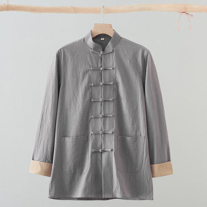 Buddha Stones Solid Long Sleeve Frog-Button Design Cotton Men's Shirt