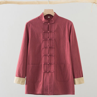 Buddha Stones Solid Long Sleeve Frog-Button Design Cotton Men's Shirt