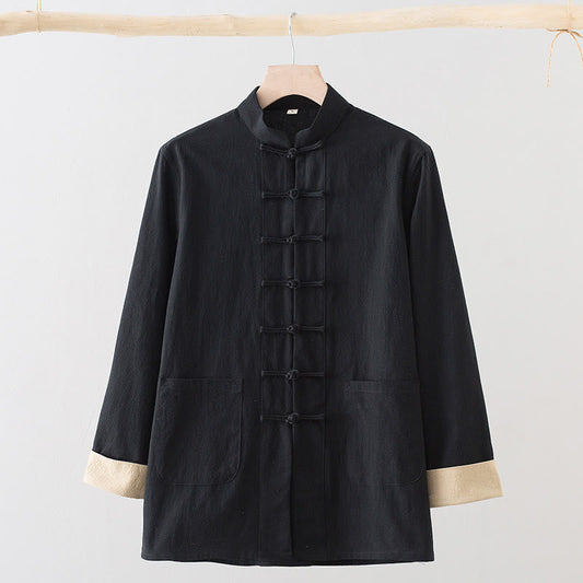 Buddha Stones Solid Long Sleeve Frog-Button Design Cotton Men's Shirt