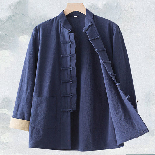 Buddha Stones Solid Long Sleeve Frog-Button Design Cotton Men's Shirt