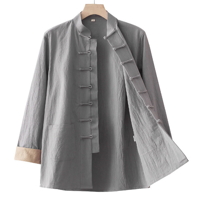 Buddha Stones Solid Long Sleeve Frog-Button Design Cotton Men's Shirt