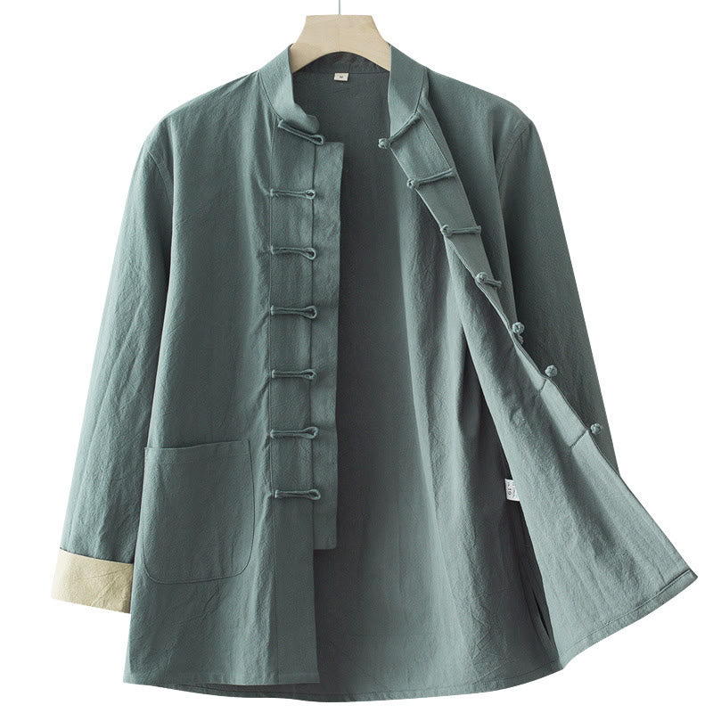 Buddha Stones Solid Long Sleeve Frog-Button Design Cotton Men's Shirt