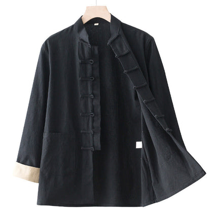 Buddha Stones Solid Long Sleeve Frog-Button Design Cotton Men's Shirt