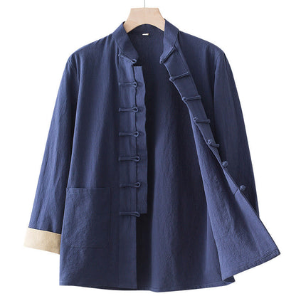 Buddha Stones Solid Long Sleeve Frog-Button Design Cotton Men's Shirt