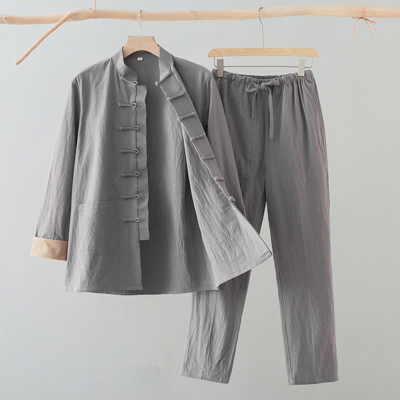 Buddha Stones 2Pcs Tang Suit Men's Frog-Button Cotton Long Sleeve Shirt Pants Set With Pockets
