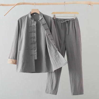 Buddha Stones 2Pcs Tang Suit Men's Frog-Button Cotton Long Sleeve Shirt Pants Set With Pockets