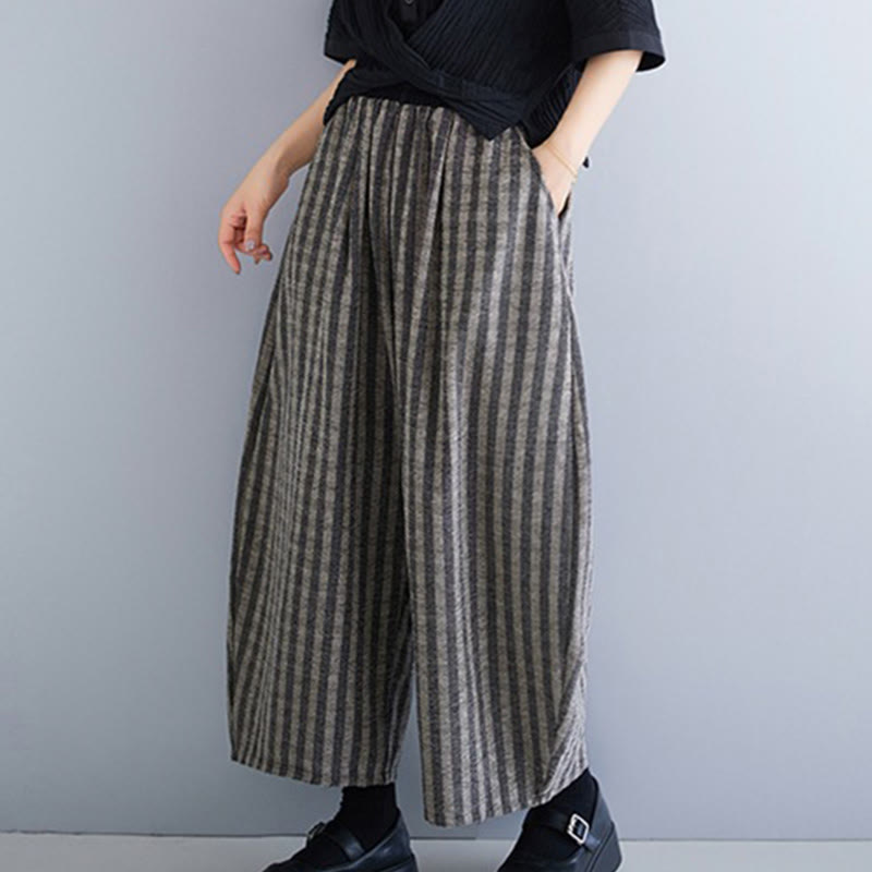 Buddha Stones Casual 7-8 Length Corduroy Stripes Women's Polyester Wide Leg Pants With Pockets
