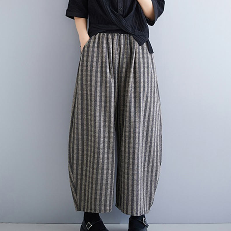 Buddha Stones Casual 7-8 Length Corduroy Stripes Women's Polyester Wide Leg Pants With Pockets