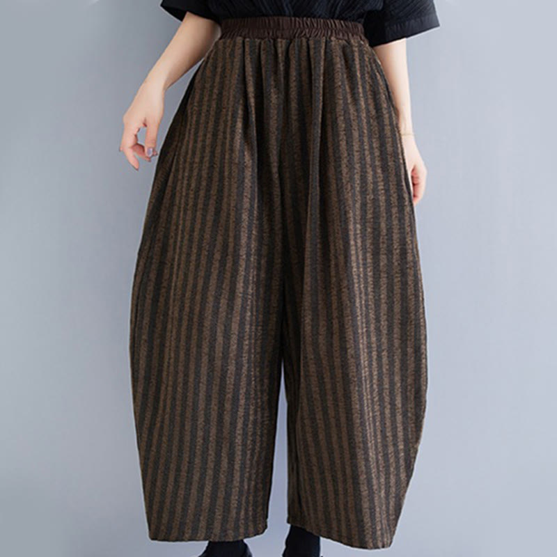Buddha Stones Casual 7-8 Length Corduroy Stripes Women's Polyester Wide Leg Pants With Pockets