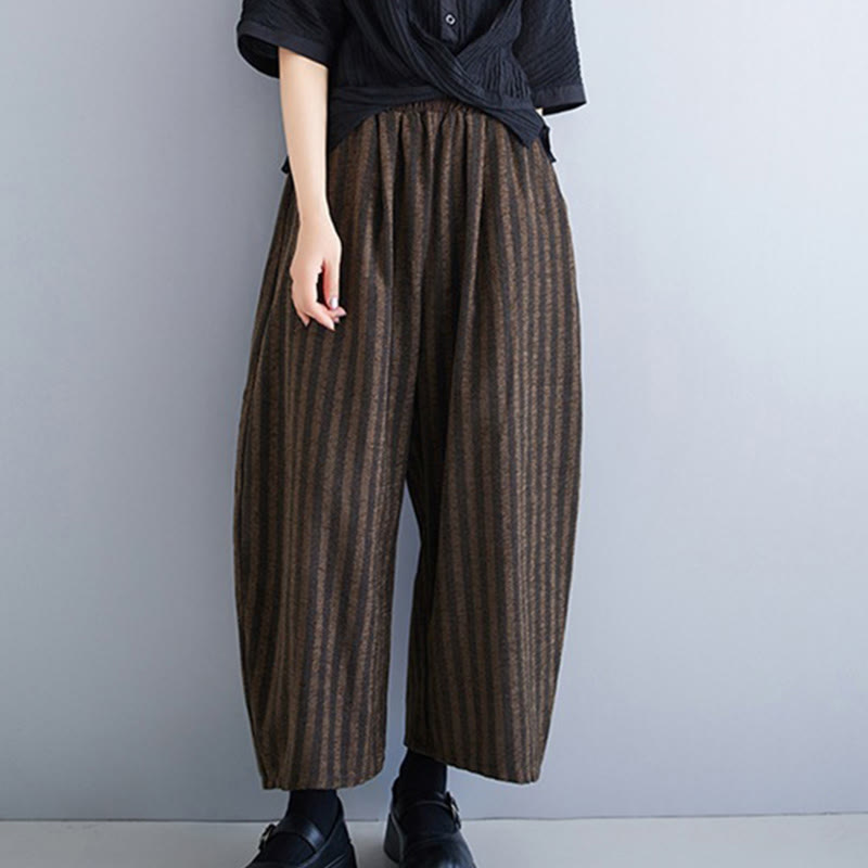Buddha Stones Casual 7-8 Length Corduroy Stripes Women's Polyester Wide Leg Pants With Pockets