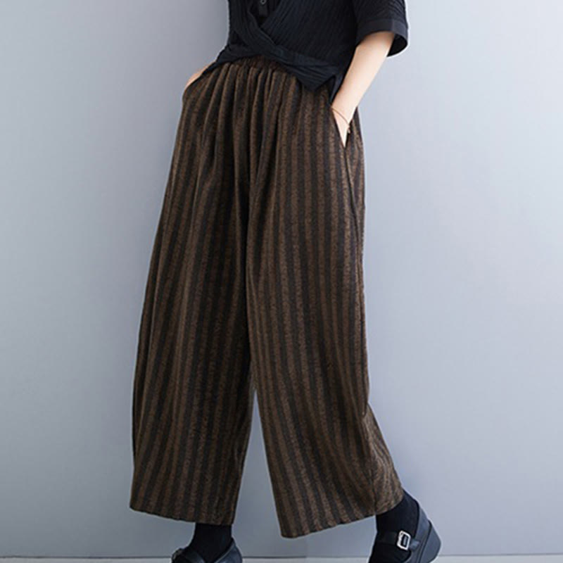 Buddha Stones Casual 7-8 Length Corduroy Stripes Women's Polyester Wide Leg Pants With Pockets