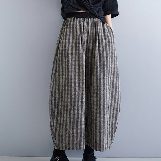 Buddha Stones Casual 7-8 Length Corduroy Stripes Women's Polyester Wide Leg Pants With Pockets