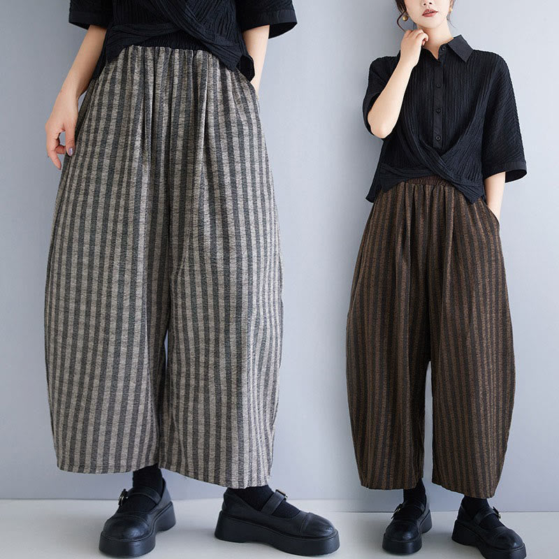 Buddha Stones Casual 7-8 Length Corduroy Stripes Women's Polyester Wide Leg Pants With Pockets