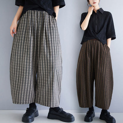 Buddha Stones Casual 7-8 Length Corduroy Stripes Women's Polyester Wide Leg Pants With Pockets
