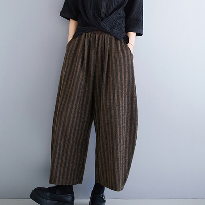 Buddha Stones Casual 7-8 Length Corduroy Stripes Women's Polyester Wide Leg Pants With Pockets