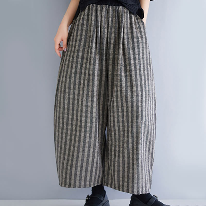 Buddha Stones Casual 7-8 Length Corduroy Stripes Women's Polyester Wide Leg Pants With Pockets
