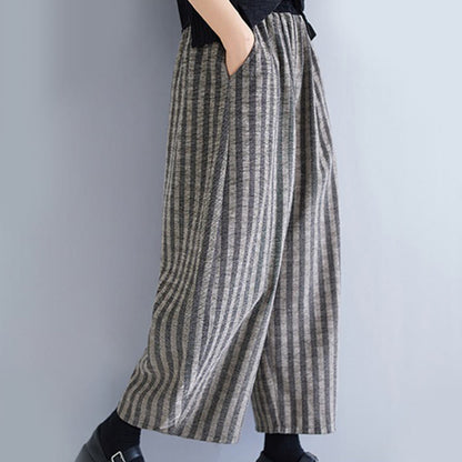 Buddha Stones Casual 7-8 Length Corduroy Stripes Women's Polyester Wide Leg Pants With Pockets