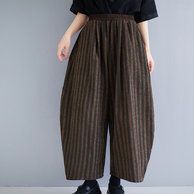 Buddha Stones Casual 7-8 Length Corduroy Stripes Women's Polyester Wide Leg Pants With Pockets