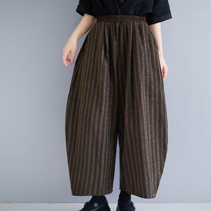 Buddha Stones Casual 7-8 Length Corduroy Stripes Women's Polyester Wide Leg Pants With Pockets