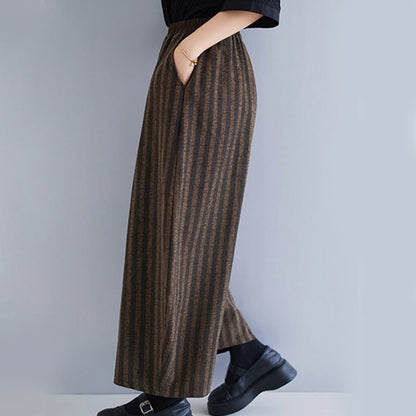 Buddha Stones Casual 7-8 Length Corduroy Stripes Women's Polyester Wide Leg Pants With Pockets