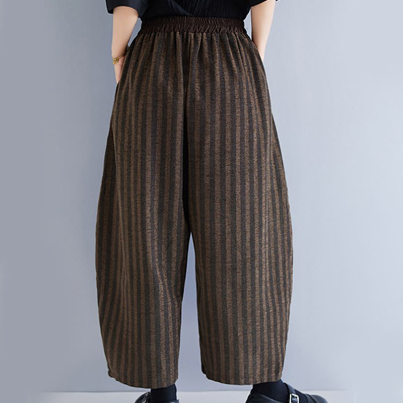 Buddha Stones Casual 7-8 Length Corduroy Stripes Women's Polyester Wide Leg Pants With Pockets