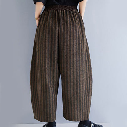 Buddha Stones Casual 7-8 Length Corduroy Stripes Women's Polyester Wide Leg Pants With Pockets