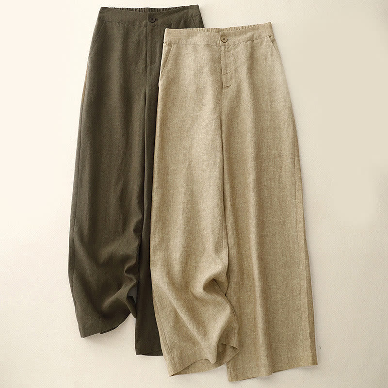 Buddha Stones Casual Plain Women's Cotton Linen Elastic Waist  Wide Leg Pants With Pockets
