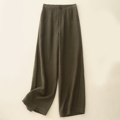 Buddha Stones Casual Plain Women's Cotton Linen Elastic Waist  Wide Leg Pants With Pockets