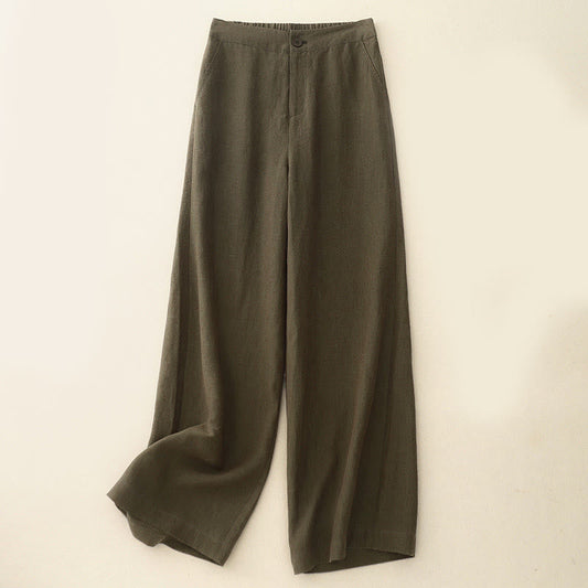 Buddha Stones Casual Plain Women's Cotton Linen Elastic Waist  Wide Leg Pants With Pockets