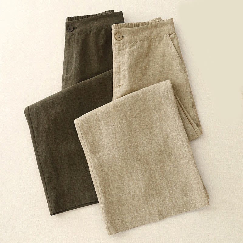 Buddha Stones Casual Plain Women's Cotton Linen Elastic Waist  Wide Leg Pants With Pockets