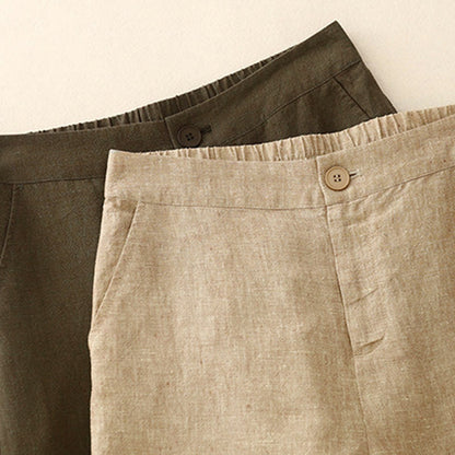 Buddha Stones Casual Plain Women's Cotton Linen Elastic Waist  Wide Leg Pants With Pockets