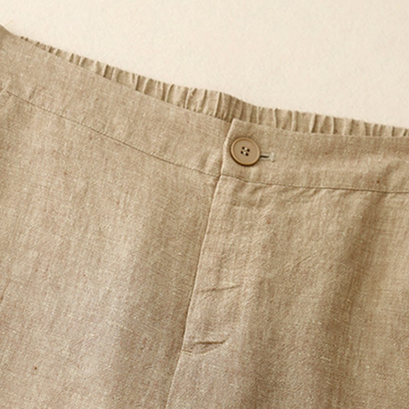 Buddha Stones Casual Plain Women's Cotton Linen Elastic Waist  Wide Leg Pants With Pockets