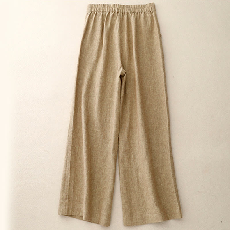 Buddha Stones Casual Plain Women's Cotton Linen Elastic Waist  Wide Leg Pants With Pockets