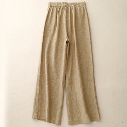 Buddha Stones Casual Plain Women's Cotton Linen Elastic Waist  Wide Leg Pants With Pockets
