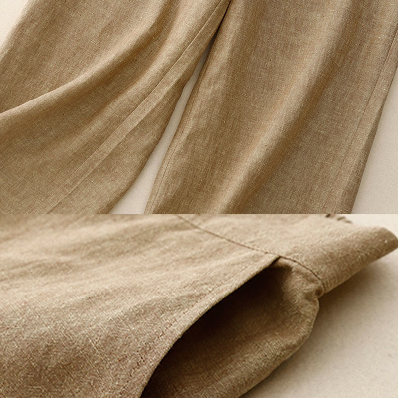 Buddha Stones Casual Plain Women's Cotton Linen Elastic Waist  Wide Leg Pants With Pockets