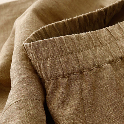 Buddha Stones Casual Plain Women's Cotton Linen Elastic Waist  Wide Leg Pants With Pockets