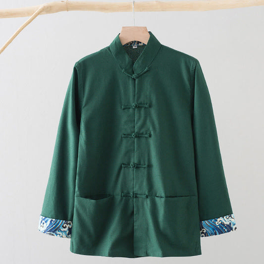 Buddha Stones Solid Embroidered Waves Long Sleeve Frog-Button Cotton Linen Men's Shirt