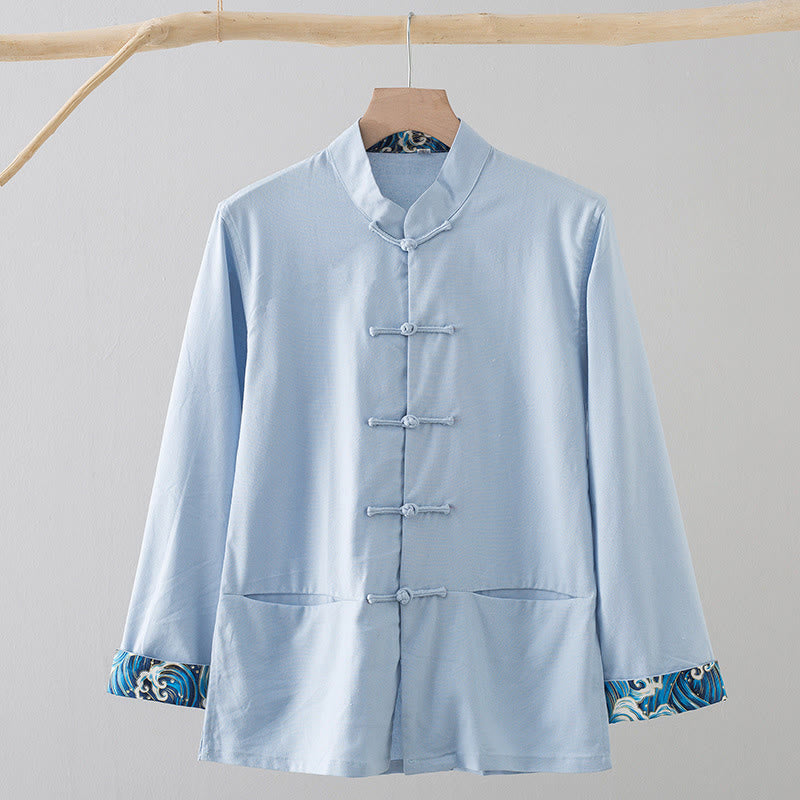 Buddha Stones Solid Embroidered Waves Long Sleeve Frog-Button Cotton Linen Men's Shirt
