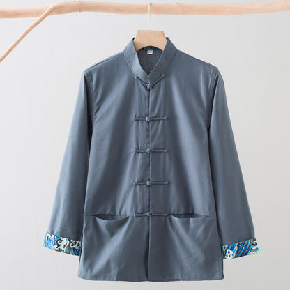 Buddha Stones Solid Embroidered Waves Long Sleeve Frog-Button Cotton Linen Men's Shirt